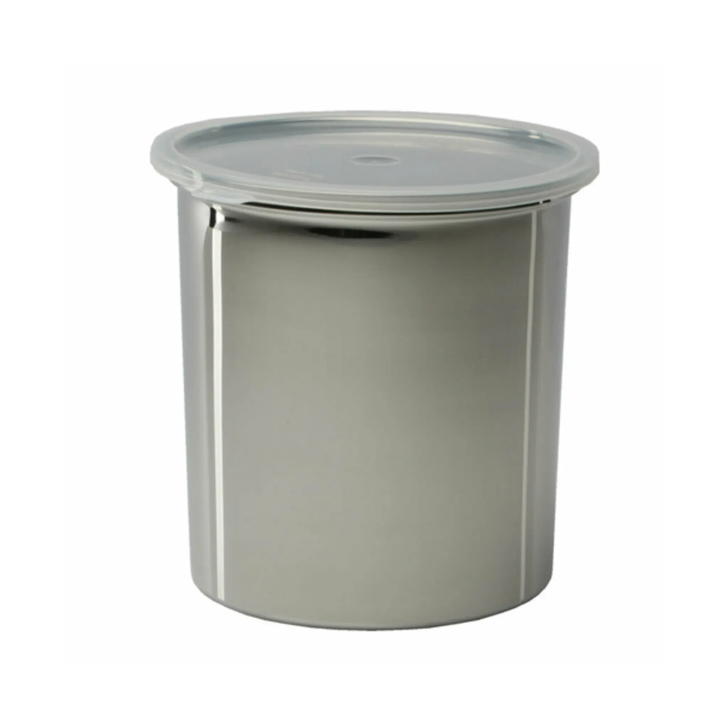 A stainless steel salad crock with a snap on plastic cover.