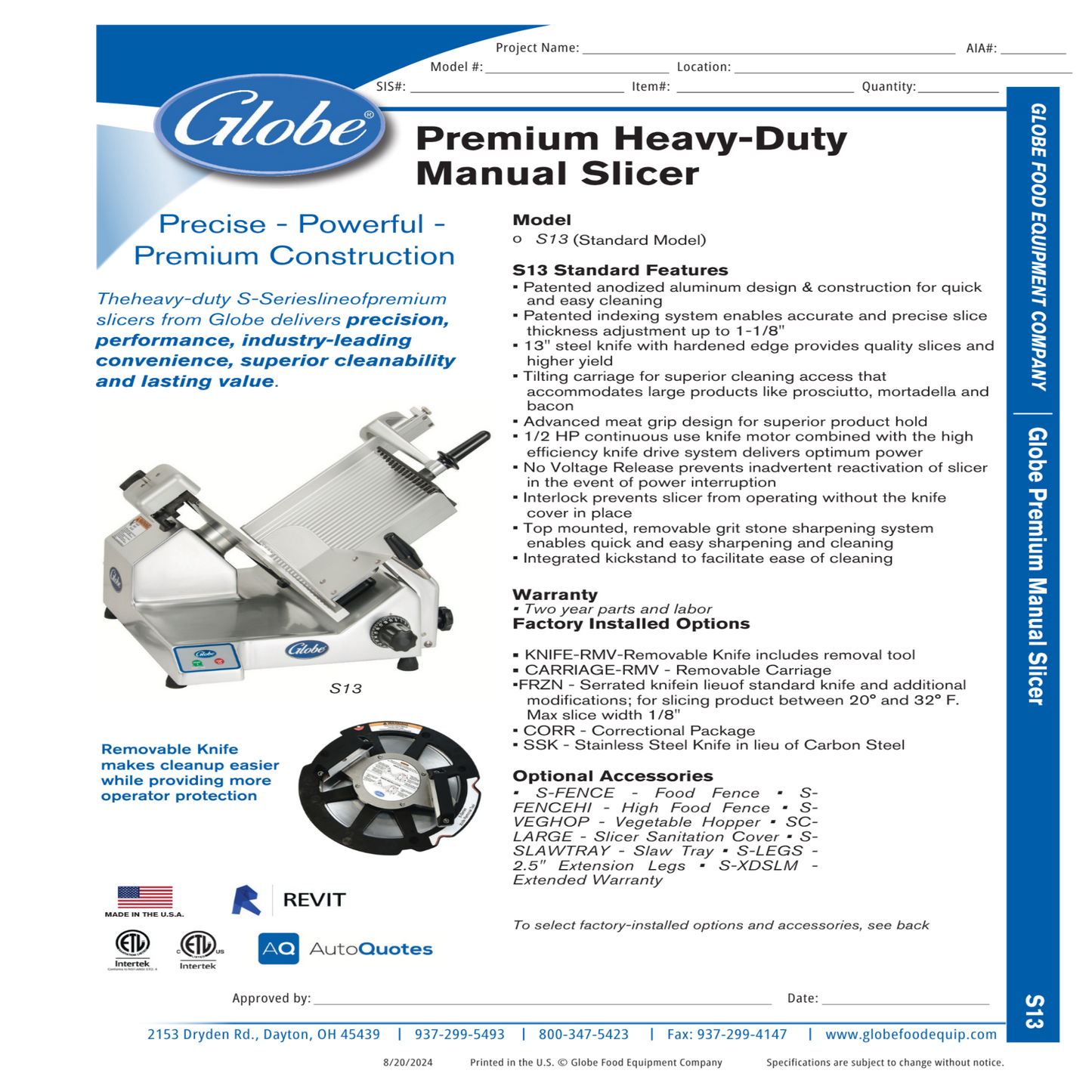 Globe Meat Slicer 13" Premium Manual Operation - S13