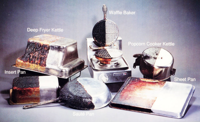 A set of vintage metal kitchen cookware and baking devices arranged on a gray studio background, including a Deep Fryer Kettle, Insert Pan, Waffle Baker, Popcorn Cooker Kettle, Sheet Pan, and Saus Pan, with white text labels pointing to each item.