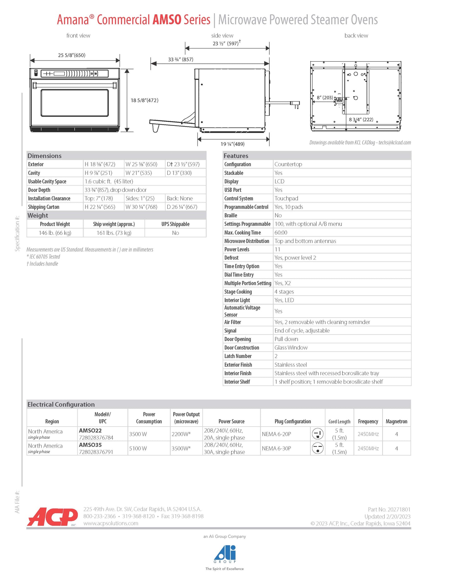 Amana Steamer Oven, 3500w, 208-240/1 - AMSO35