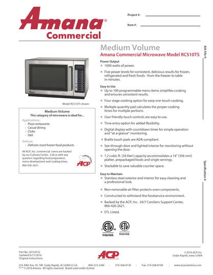 Amana Microwave 1.2cf 120v 1000 Watts - RCS10TS