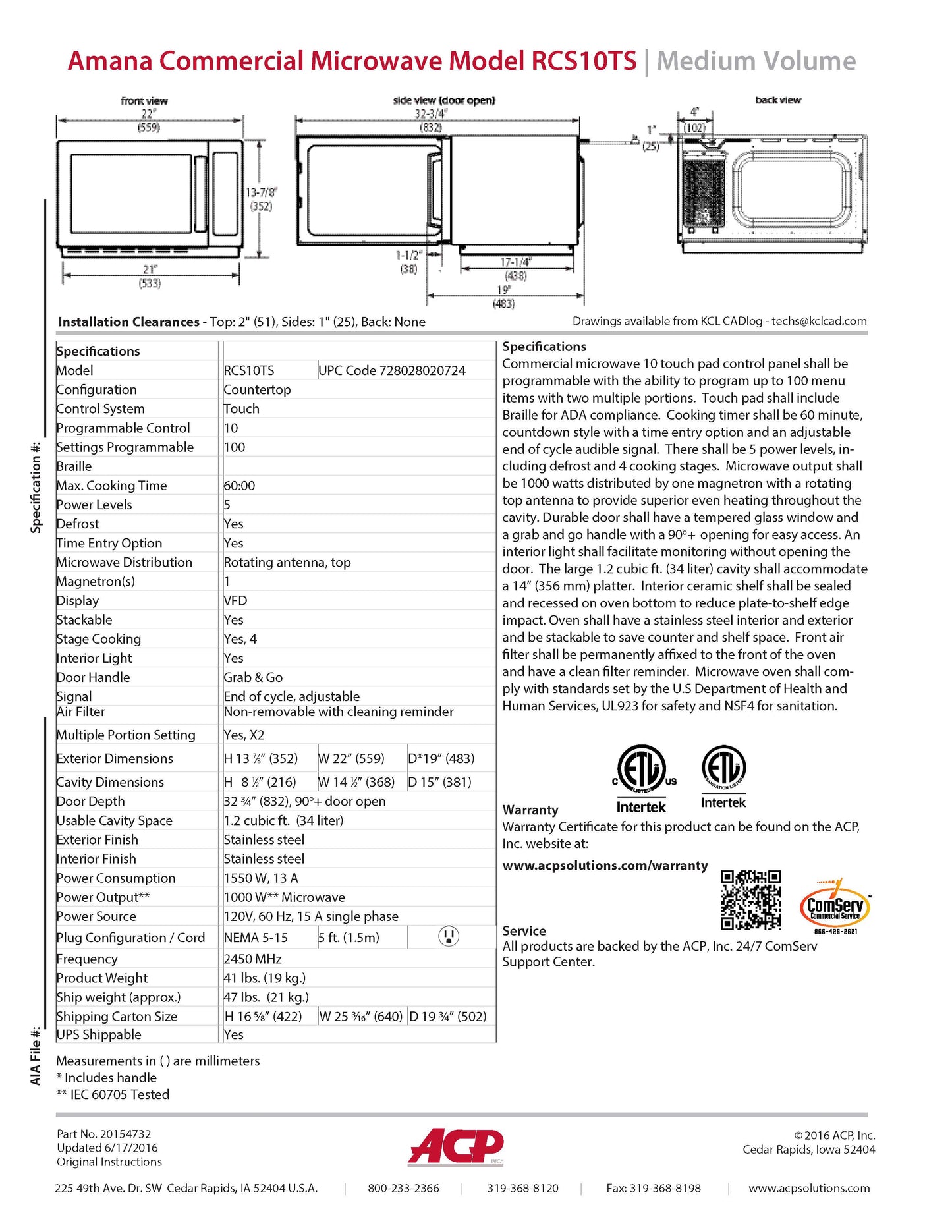 Amana Microwave 1.2cf 120v 1000 Watts - RCS10TS