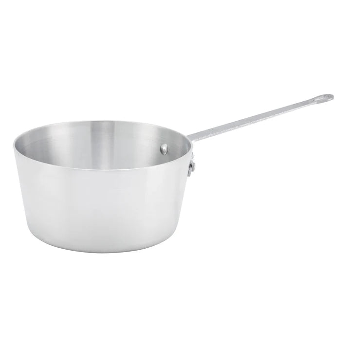 A stainless steel saucepan with a long handle, shown from a side angle on a plain white background.