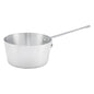 A stainless steel saucepan with a long handle, shown from a side angle on a plain white background.