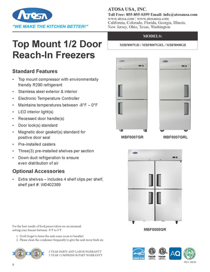 Atosa Freezer 1/2 Door, Single Sec - MBF8007GRL