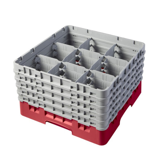 Cambro 9 Compartment Glass Rack, 5 Extenders, Red - 9S958163