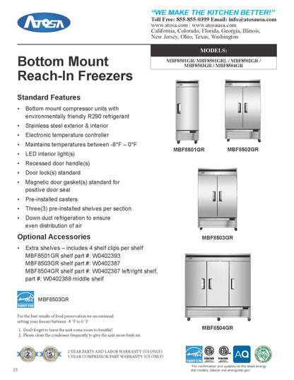 Atosa Commercial Freezer, Reach-In 1 Door Bottom Mt - MBF8501GR