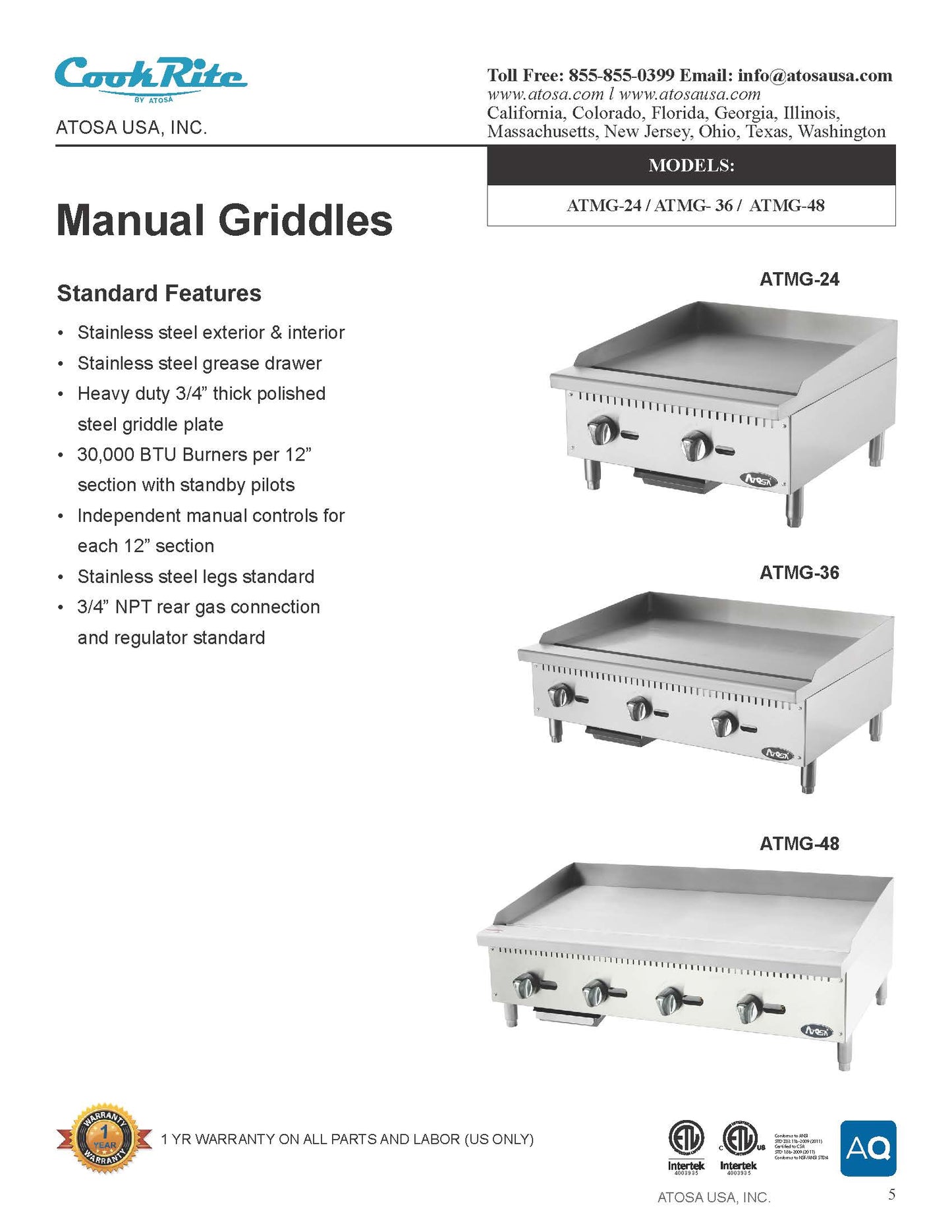 Atosa Gas Griddle, Manual 24" Countertop - ATMG-24