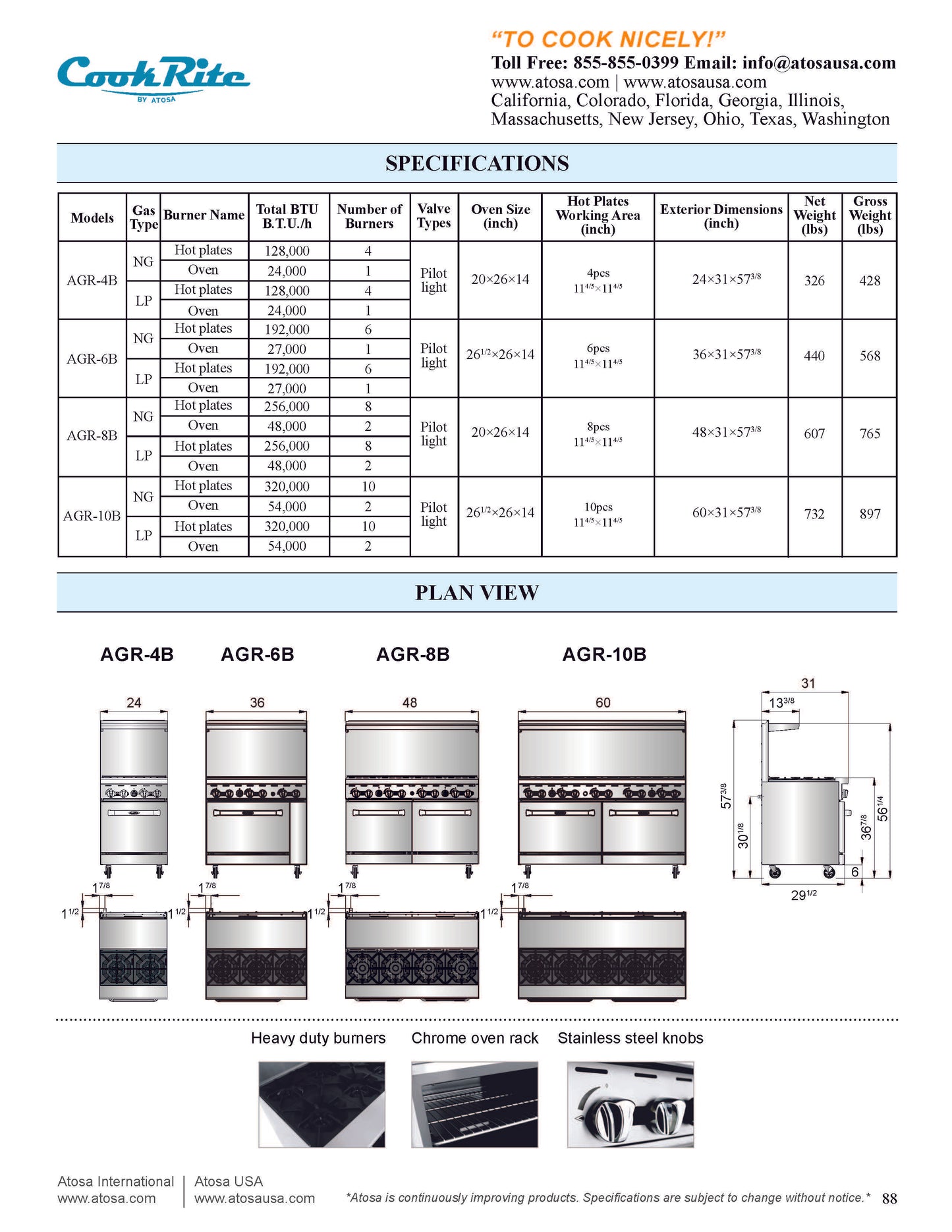 Atosa 36" Gas Range, 6 Burners with Large Oven -  AGR-6B-NG