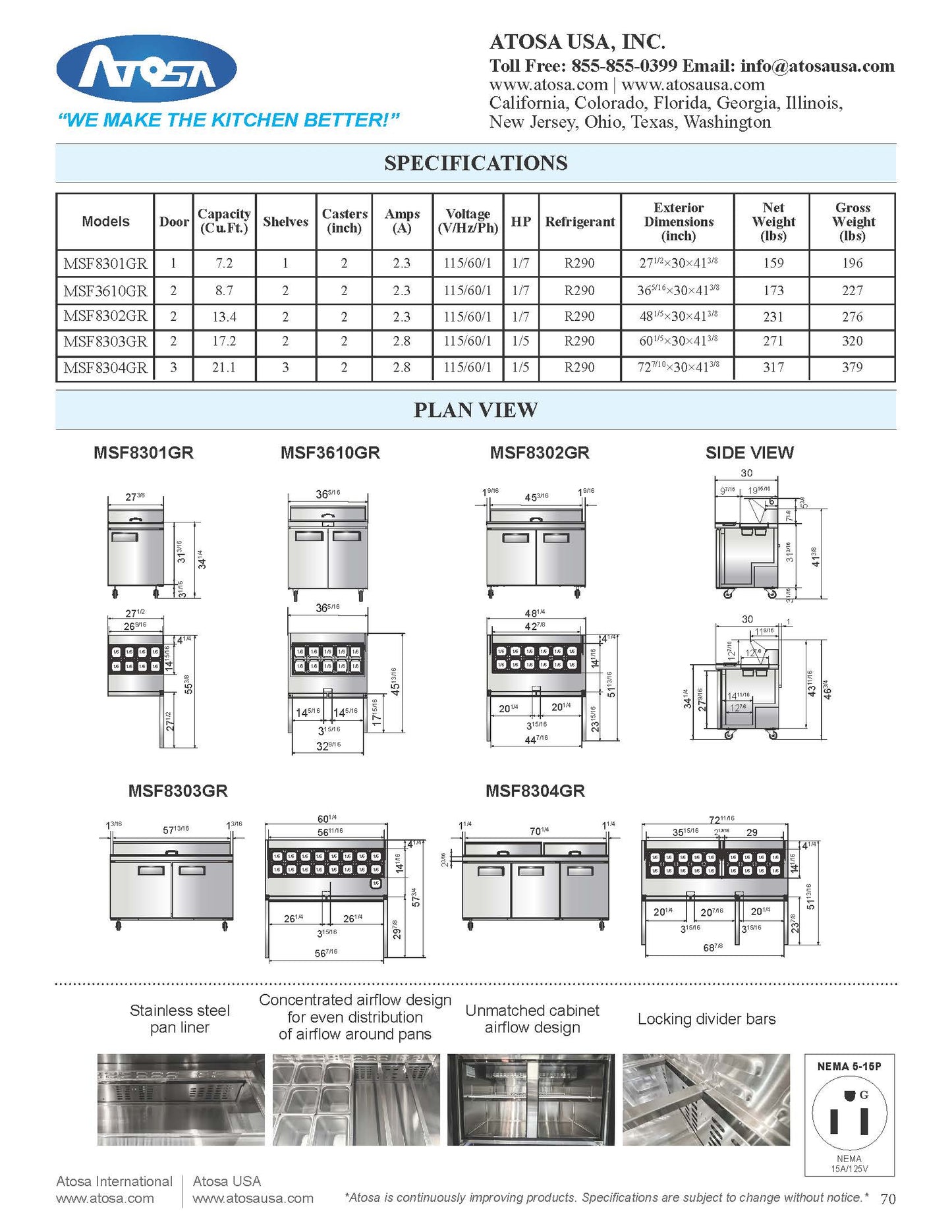 Atosa Refrigerator, Sandwich Prep Table 60" 16 Pans 2 Door  - MSF8303GR