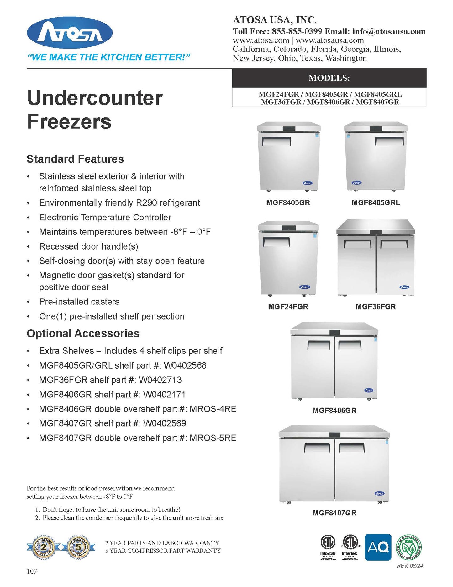 Atosa Freezer, Undercounter 27" Solid Door 1 sect. - MGF8405GR