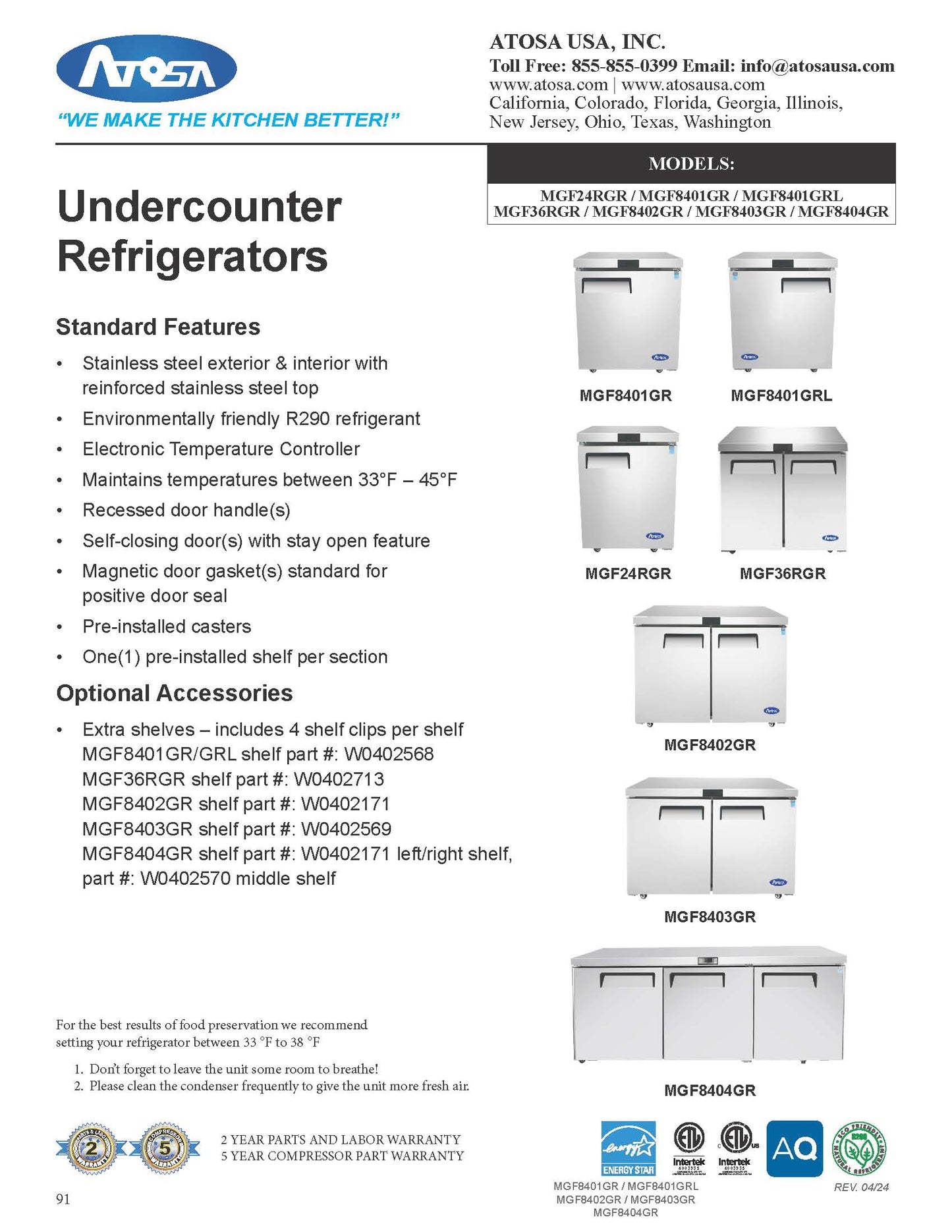 ATOSA Single Door Undercounter Refrigerator, 27",  7.15 Cu. Ft. - MGF8401GR