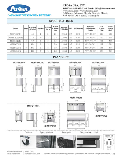 Atosa Undercounter Refrigerator 2-Dr - MGF8402GR