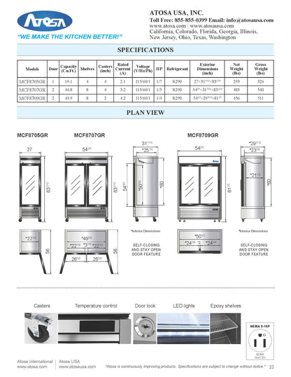 Atosa Refrigerator Merchandiser, 2 door, Reach-In - MCF8707GR