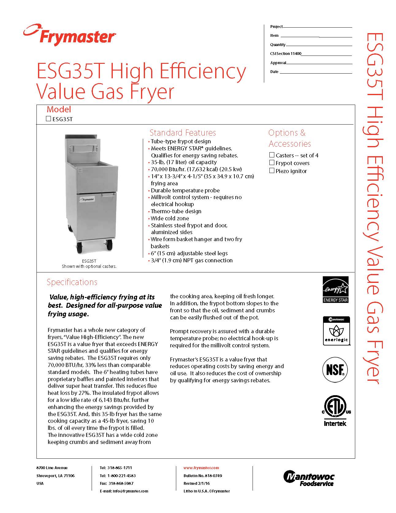 Frymaster Fryer, Gas, 35 lb, Natural Gas - ESG35T