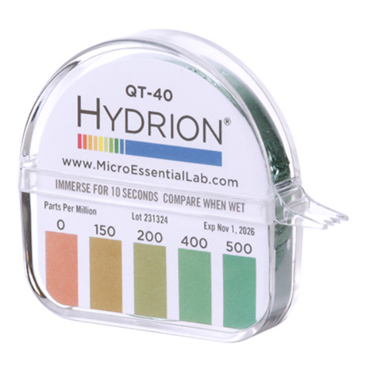 Franklin Machine Products Litmus Paper "QUAT" 0–500 PPM Sanitizer Test Strips with Dispenser 5/32" x 15' - 142-1576