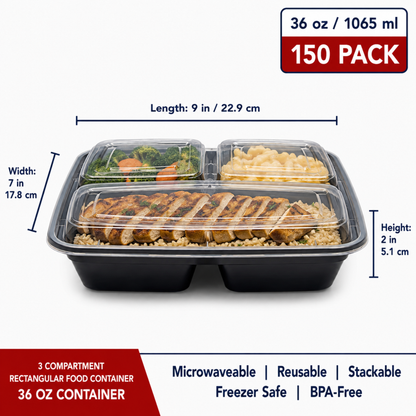 3 Compartment Rectangular Food Container 36 oz - CS150 - FP-RT-3
