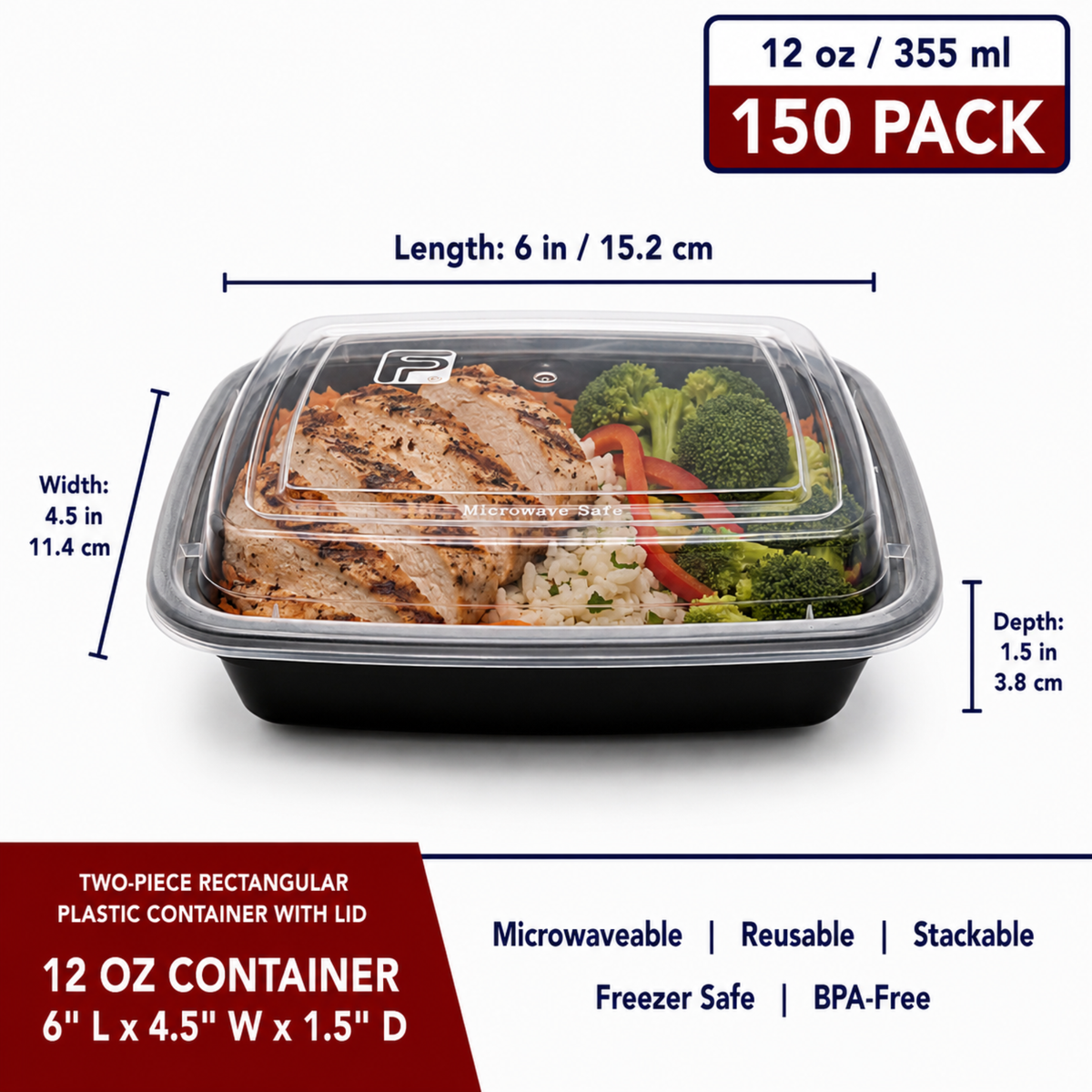 Two-Piece Rectangular Plastic Container 12oz - Case of 150 - FP-RT12