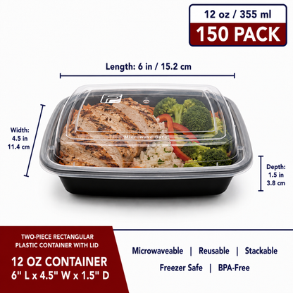 Two-Piece Rectangular Plastic Container 12oz - Case of 150 - FP-RT12
