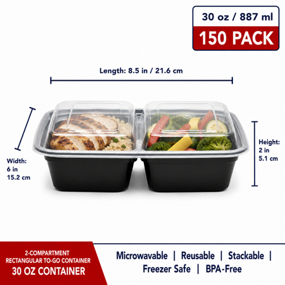 2-Compartment Rectangular To-Go Container with Lid 30 oz - CS150 - RET-C2-30
