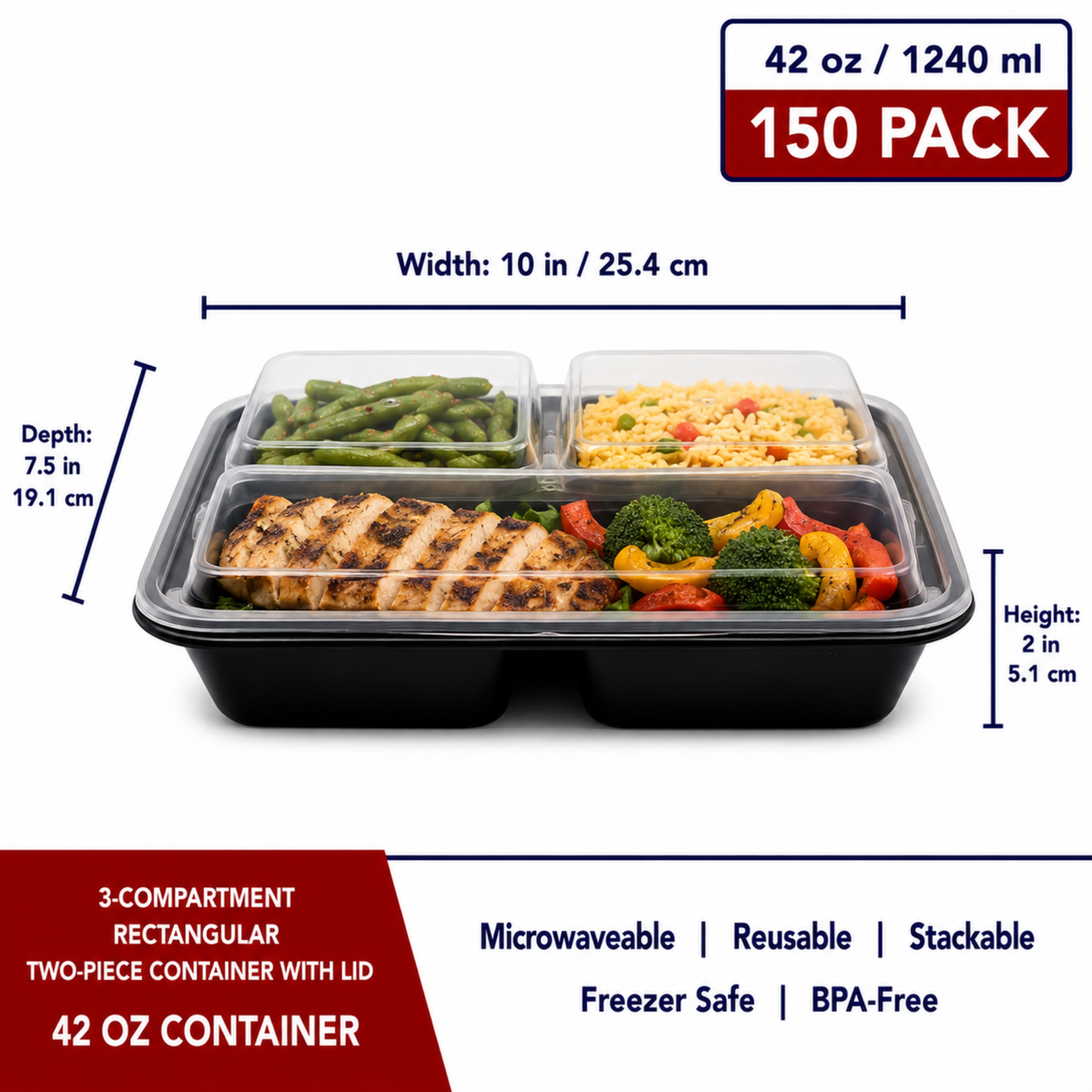 3-Compartment Rectangular Two-Piece Container w/Lid- CS150 - RET-C3-42