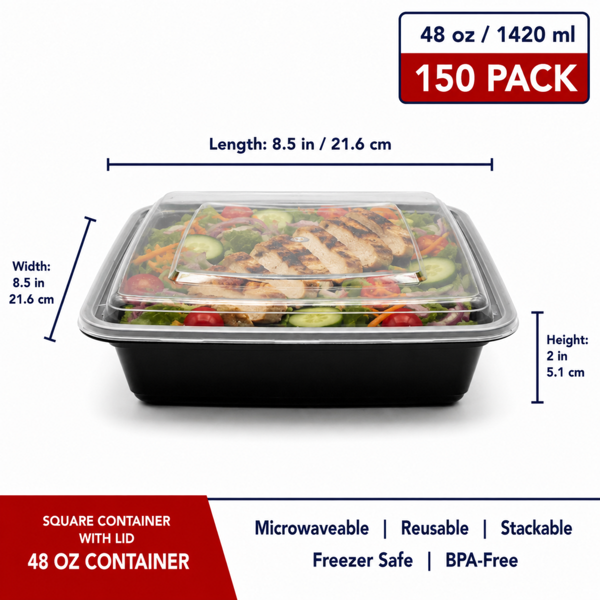Square Container w/Lid 48 oz - CS150 - SQR-48