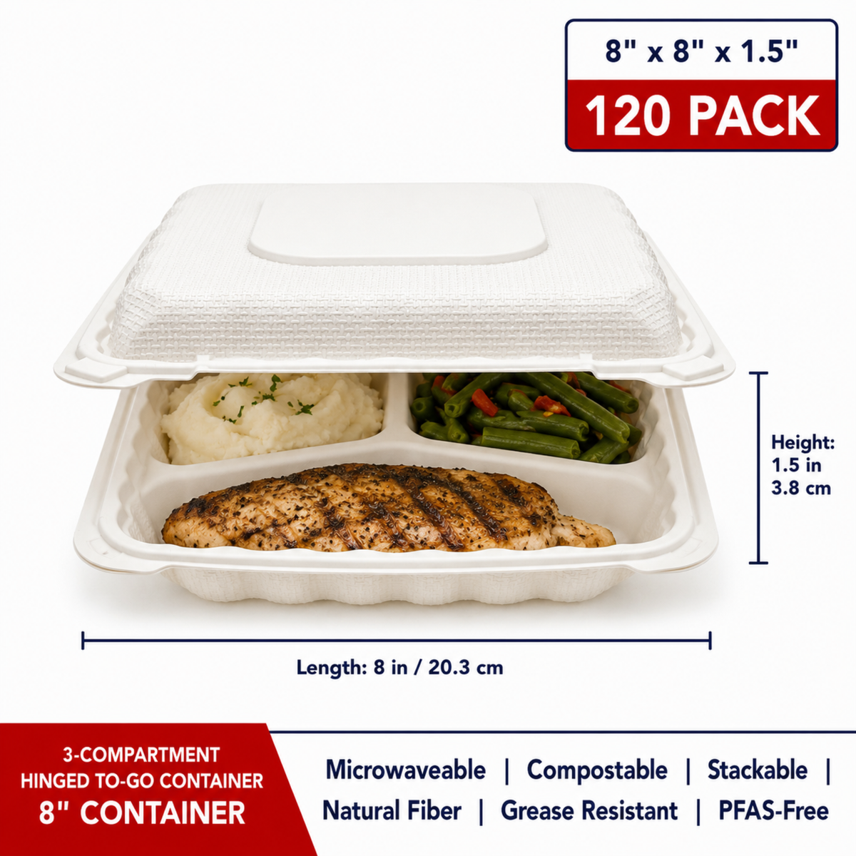 Disposable 3-Compartment Hinged To-Go Container 8" - CS120 - TC-83S
