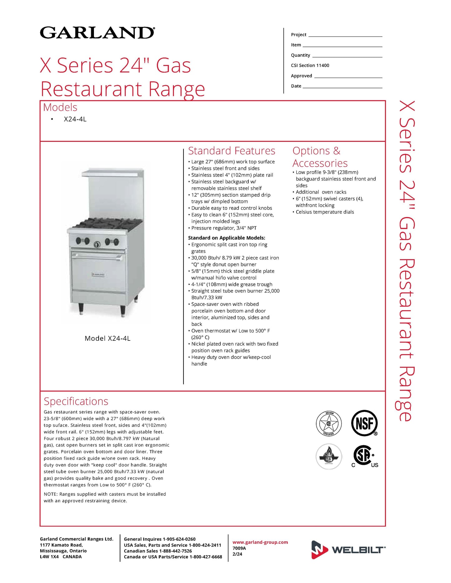 Garland Range, 24" 4 Burner Natural Gas - X24-4L