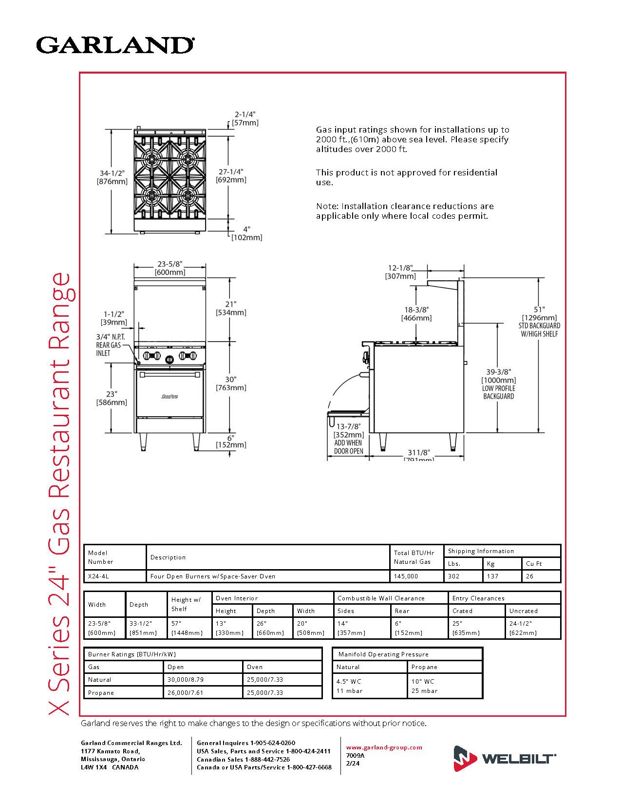 Garland Range, 24" 4 Burner Natural Gas - X24-4L