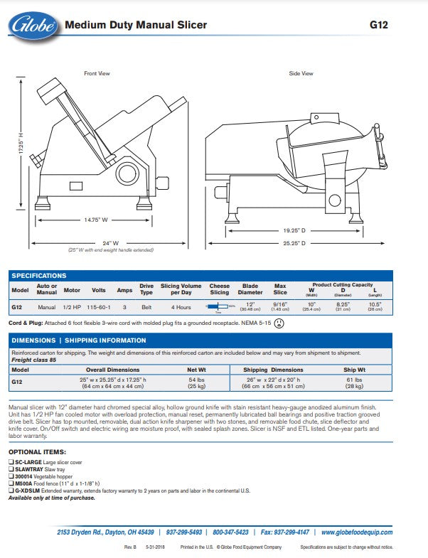 Globe Meat Slicer, 12" Medium Duty Manual Operation - G12