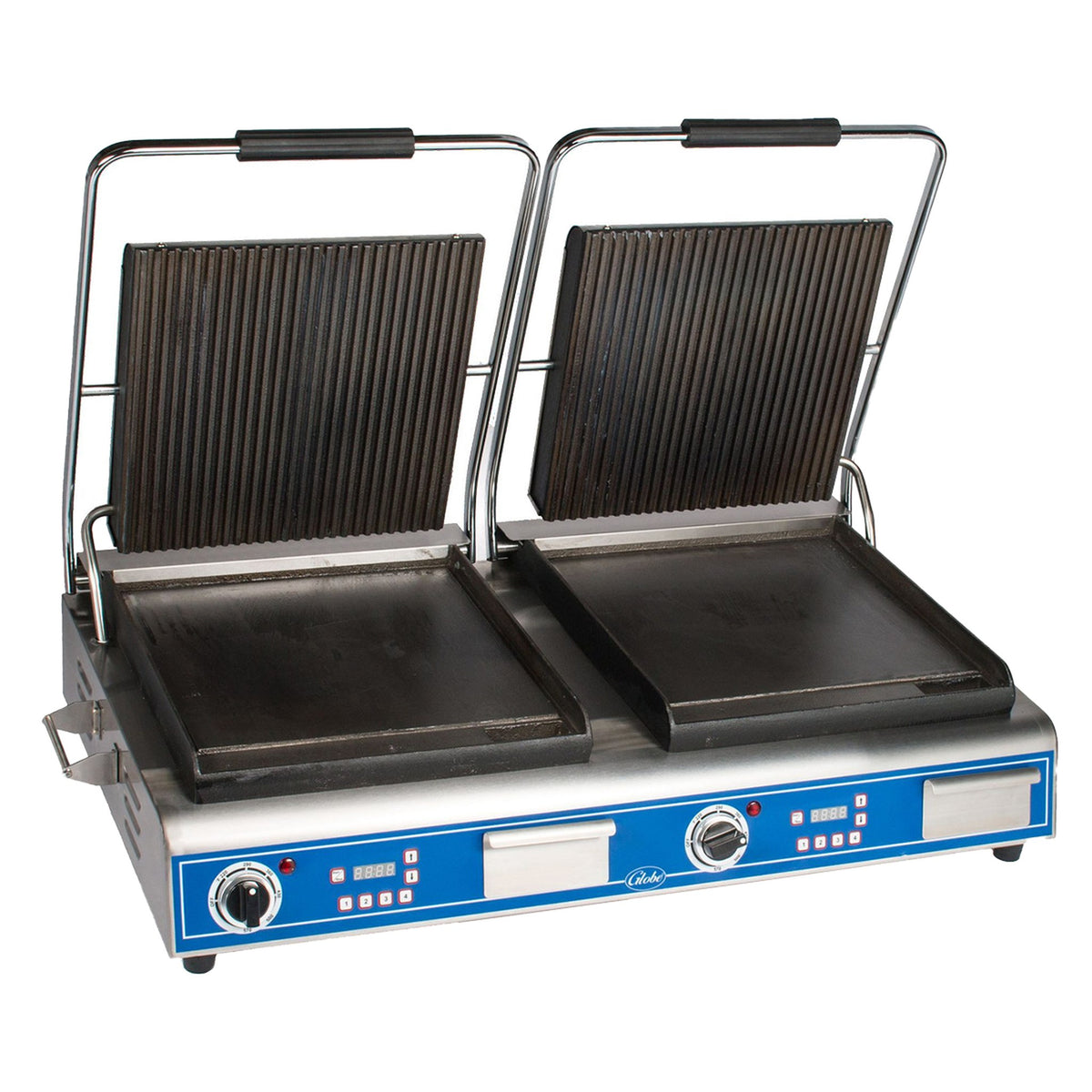 Globe Deluxe Double Combo Plate Cast Iron Panini Grill NSF 14" - GPGSDUE14D