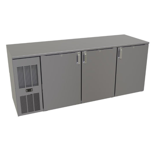 Glastender Back Bar Cooler Self-Contain. 72" 3 Section Solid Doors W/Caster - GLTC1FL72