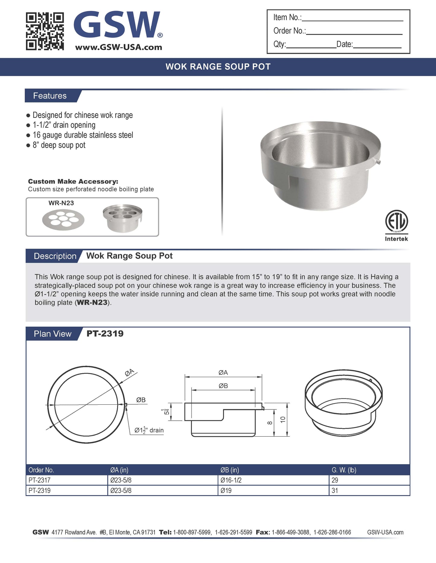 GSW Wok Range Soup Pot, S/S 23-5/8" Top Diameter, 19" Bottom Diameter - PT-2319