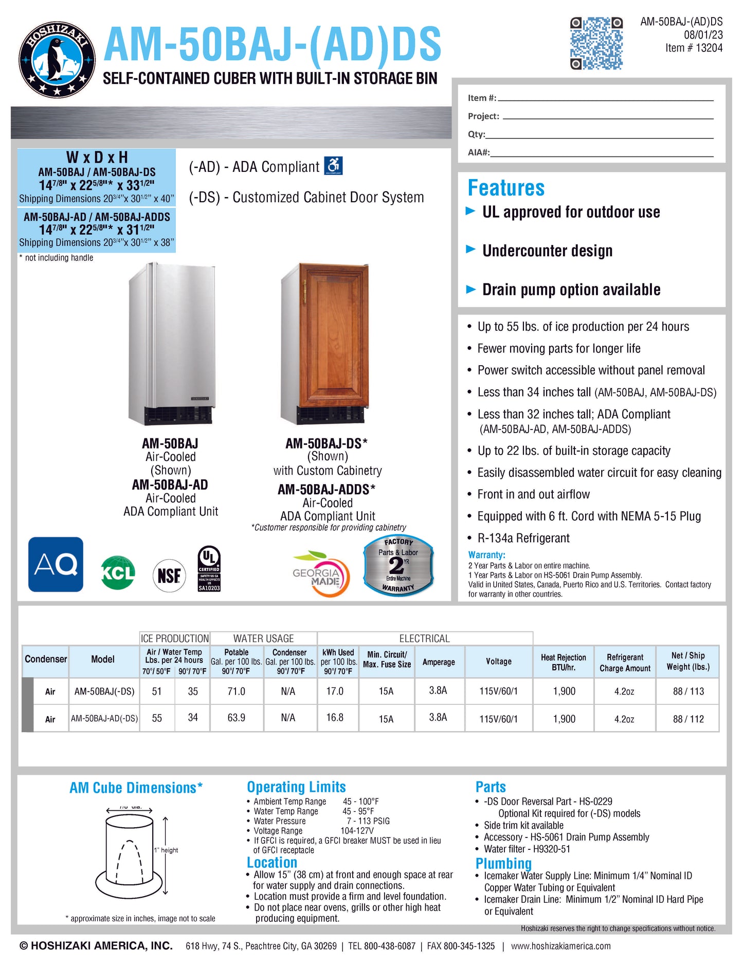 Hoshizaki Ice Maker w/Bin, 55 lbs - AM-50BAJ-AD