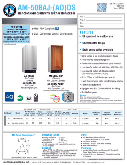 Hoshizaki Ice Maker w/Bin, 55 lbs - AM-50BAJ-AD