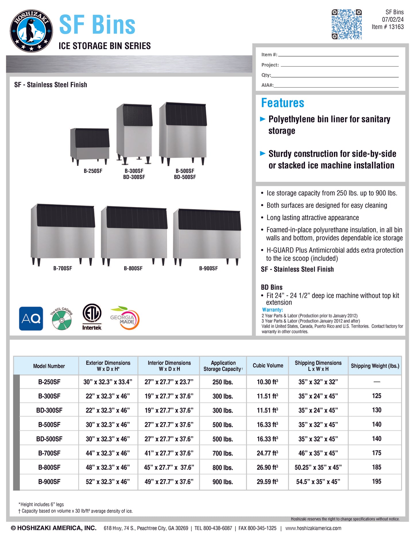 Hoshizaki Ice Bin, 22" Top-Hinged Door, 300# Storage - B-300SF