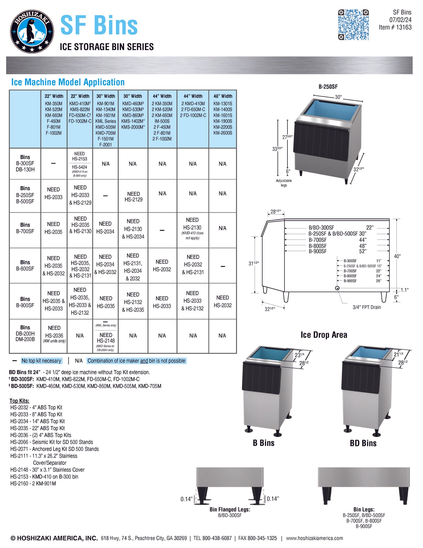 Hoshizaki Ice Bin, 22" Top-Hinged Door, 300# Storage - B-300SF