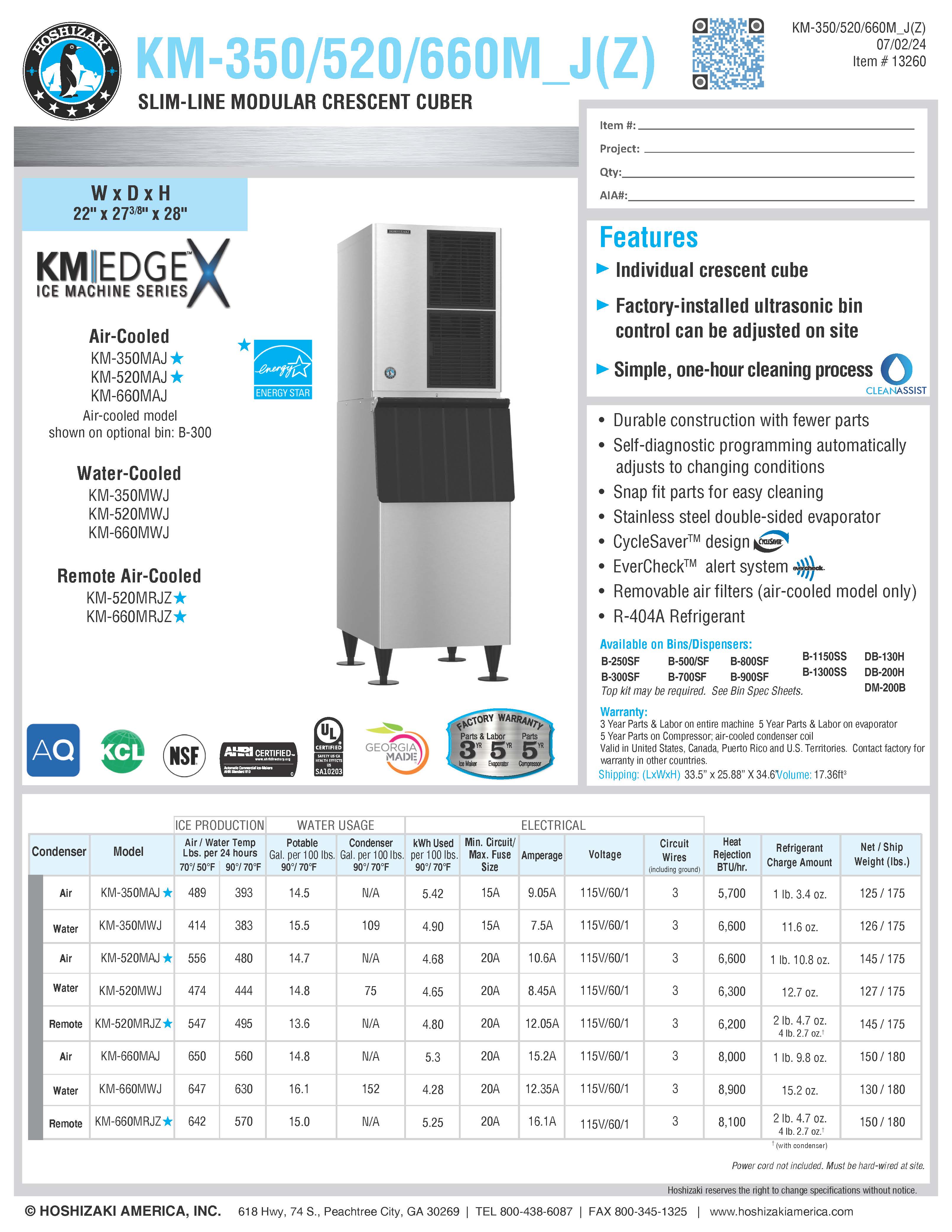 Hoshizaki Ice Maker, Cube Style, 489# R-404A refrigerant - KM-350MAJ – East  Bay Restaurant Supply, Inc.