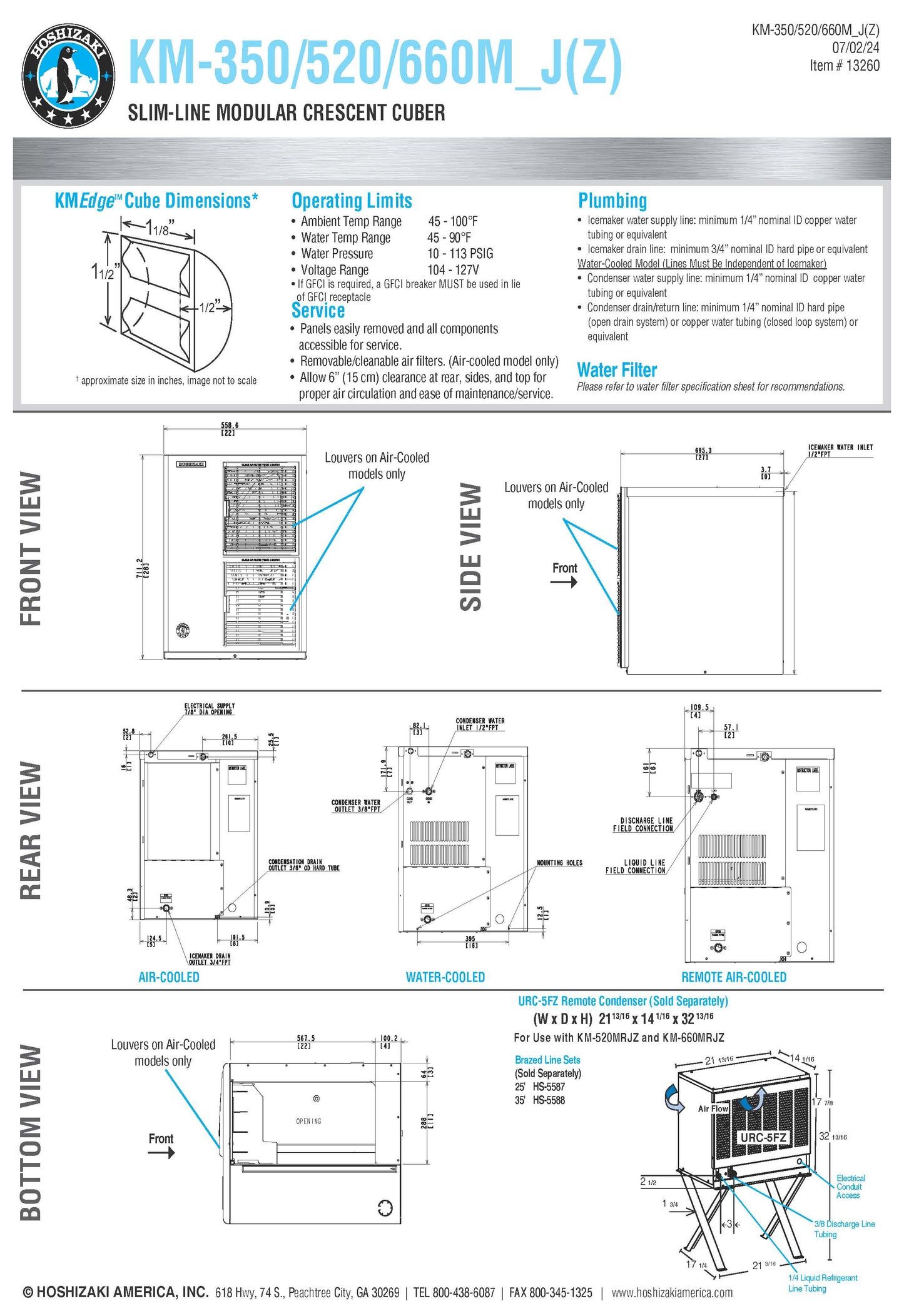 Hoshizaki Ice Maker, Cube Style, 489# R-404A refrigerant - KM-350MAJ