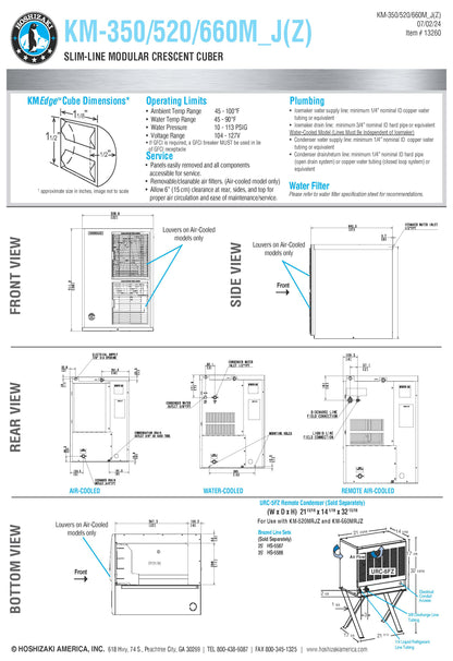 Hoshizaki Ice Maker, Cube Style, 489# R-404A refrigerant - KM-350MAJ