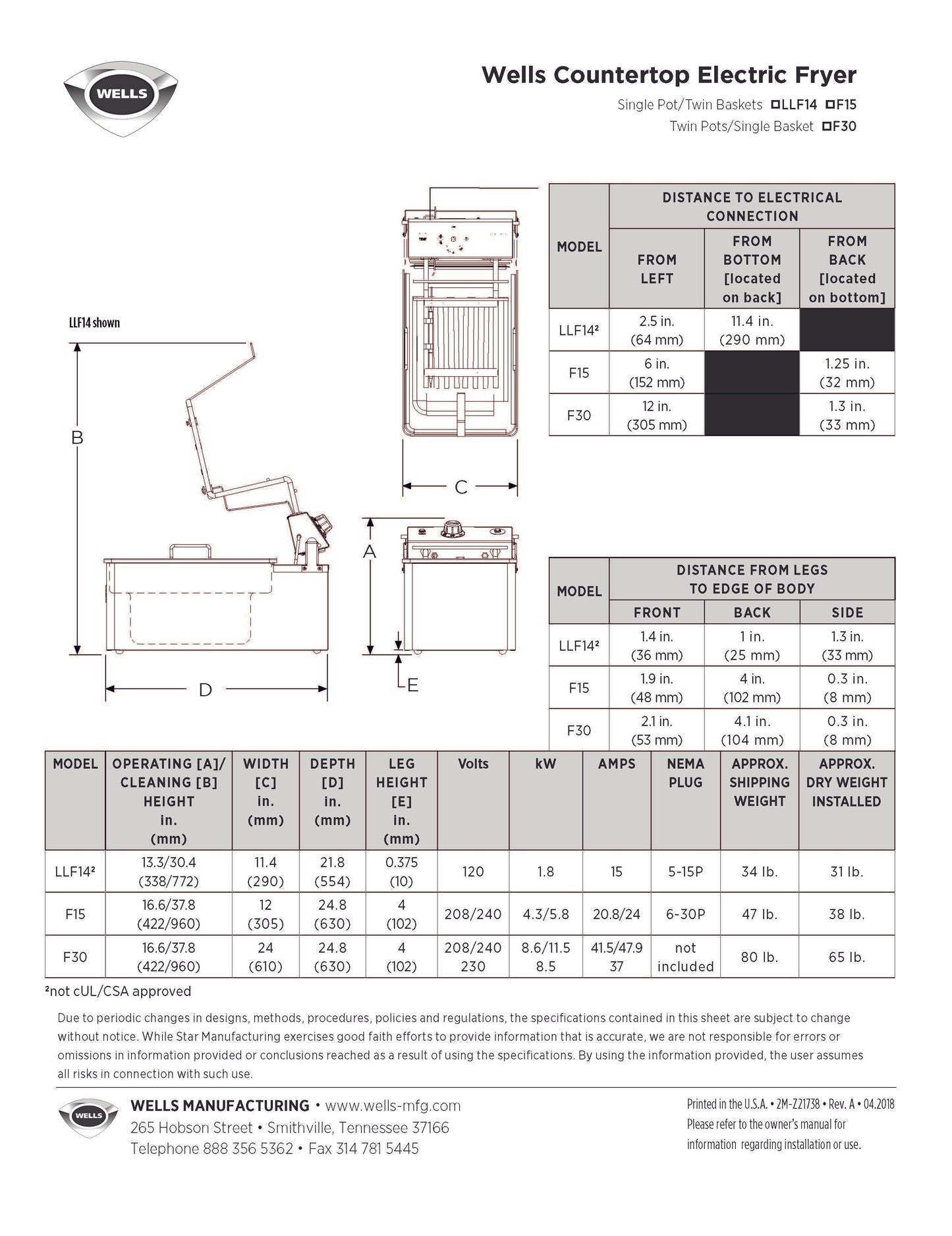 Wells Fryer, Deep Fryer, Countertop 14lbElectric - 120V - LLF-14