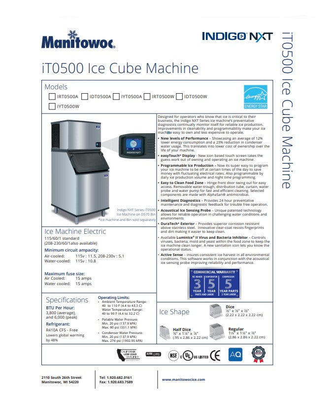 Manitowoc Ice Maker Machine, Full Dice Cube Style, 520 lb - IDT-0500A