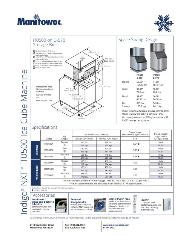 Manitowoc Ice Maker Machine, Full Dice Cube Style, 520 lb - IDT-0500A