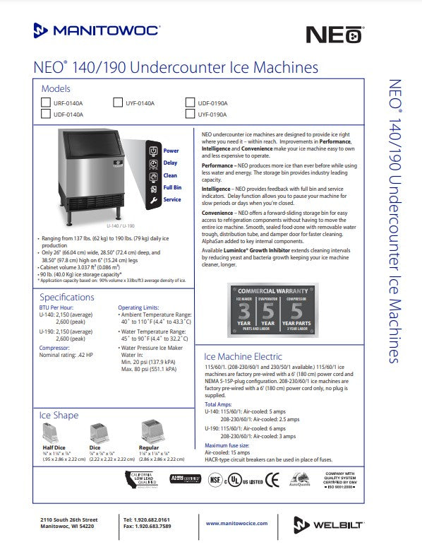 Manitowoc Ice Maker Machine, UC Neo W/Bin Half Dice 193 lb/day- UYF-0190A