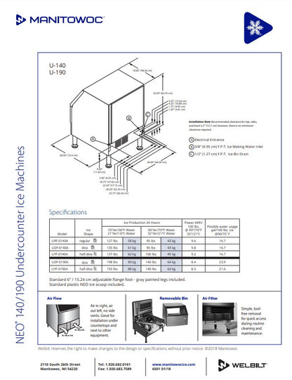 Manitowoc Ice Maker Machine, UC Neo W/Bin Half Dice 193 lb/day- UYF-0190A