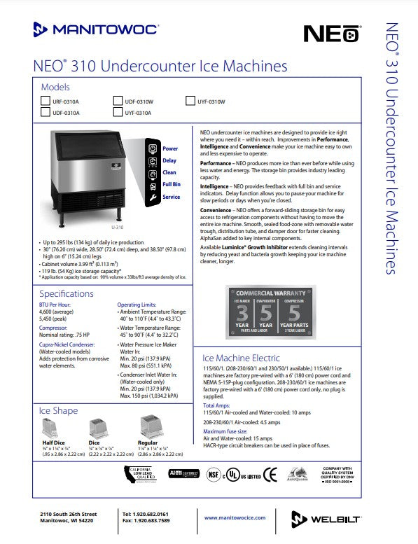 Manitowoc Ice Maker Machine, UC Neo W/Bin Half Dice 290 lb/day - UYF-0310A