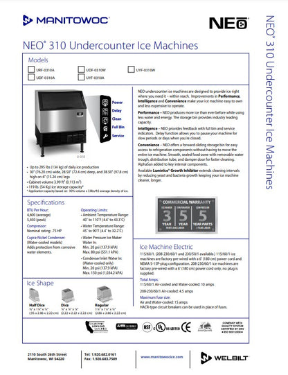 Manitowoc Ice Maker Machine, UC Neo W/Bin Half Dice 290 lb/day - UYF-0310A