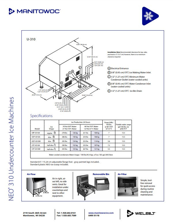 Manitowoc Ice Maker Machine, UC Neo W/Bin Half Dice 290 lb/day - UYF-0310A