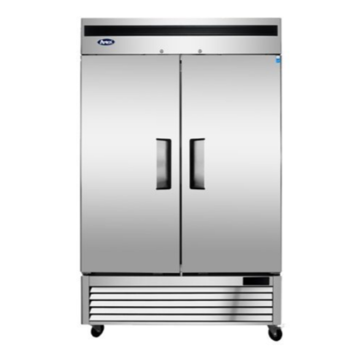 A commercial two-door refrigerator in stainless steel with vertical handles, a top control panel, and a bottom vented base on casters, shown against a plain white background.