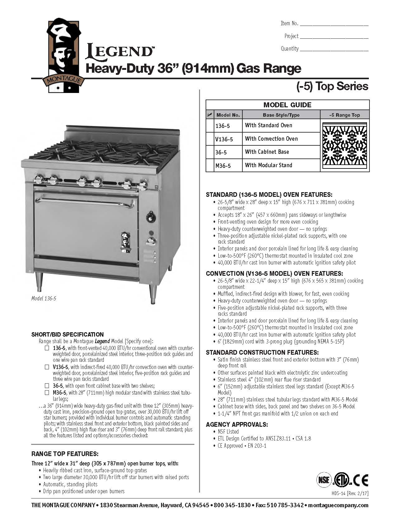 Montague Heavy Duty Range, 36", W/ 6 Burners, Natural Gas, *Left Rear Manifold - 136-5 RM